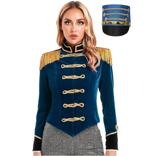 Loodgao Damen Zirkusdirektor Kostüm Samt Jacke Slim Fit Blazer mit Goldene Knöpfe + Zylinder Hut Halloween Cosplay Outfits Dunkelblau L Loodgao Damen Zirkusdirektor Kostüm Samt Jacke Slim Fit Blazer mit Goldene Knöpfe + Zylinder Hut Halloween Cosplay Outfits Dunkelblau L von Loodgao