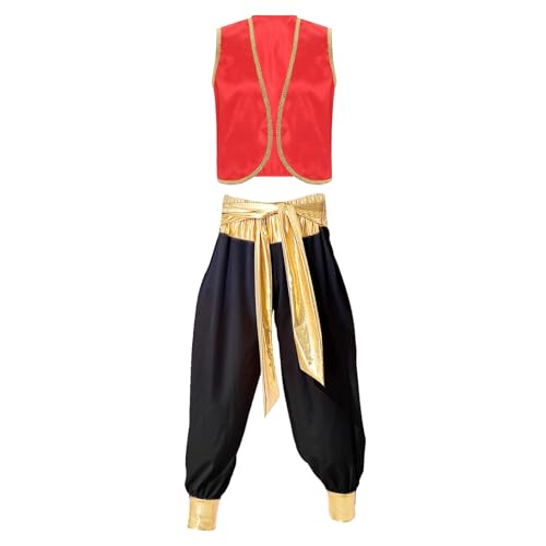 Loodgao Herren Arabische Weste Satin Gilet und Orientalische Hose Weites Bein Pumphose Haremshose mit Metallic Stoffgürtel Cartoon Figur Cosplay Outfits Burgundy&Schwarz XL von Loodgao