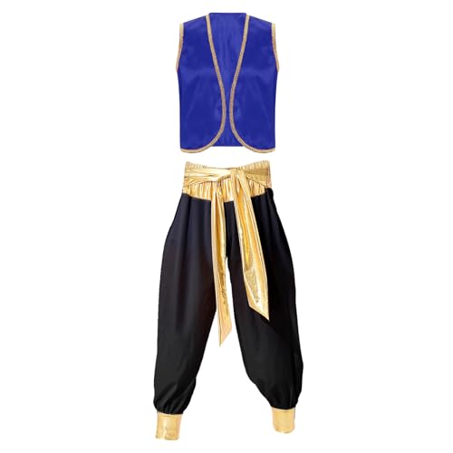 Loodgao Herren Arabische Weste Satin Gilet und Orientalische Hose Weites Bein Pumphose Haremshose mit Metallic Stoffgürtel Cartoon Figur Cosplay Outfits Königsblau & Schwarz XXL von Loodgao