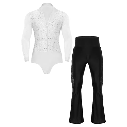 Loodgao Herren Langarm Hemd Body Durchsichtig Mesh Spleiß Trikot Glitzer Leotard und Lange Hose mit Fransen Latein Standard Outfits Weiß schwarz XXL Loodgao Herren Langarm Hemd Body Durchsichtig Mesh Spleiß Trikot Glitzer Leotard und Lange Hose mit Fransen Latein Standard Outfits Weiß schwarz XXL von Loodgao