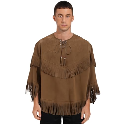 Loodgao Herren Retro Wildleder Umhang Cape mit Schnürung Fransen Cover Up Schultertuch 70er Jahre Western Cowboy Cosplay Kostüm gr.S-XXL von Loodgao