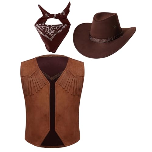 Loodgao Jungen Wilder Westen Kostüm Retro Wildleder Weste mit Cowboy Hut und Halstuch Halloween Fasching Karneval Cosplay Outfits Braun 146-152 Loodgao Jungen Wilder Westen Kostüm Retro Wildleder Weste mit Cowboy Hut und Halstuch Halloween Fasching Karneval Cosplay Outfits Braun 146-152 von Loodgao