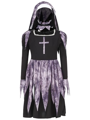 Loodgao Mädchen 3Pcs Nonne Kostüm Langarm Kleid mit Rüschen Kreuz + Schwester Haube Kinder Halloween Gothic Cosplay Outfits Schwarz 146-152 von Loodgao