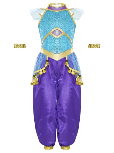 Loodgao Mädchen Bauchtanz Jumpsuit Overall mit Metallic Armbändern Pailletten Satin Hosenanzug mit Rüschen Arabische Prinzessin Tanzkostüm Blau 170 von Loodgao