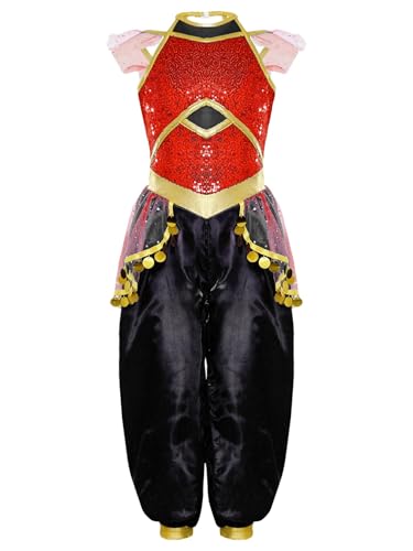 Loodgao Mädchen Bauchtanz Jumpsuit Overall mit Metallic Armbändern Pailletten Satin Hosenanzug mit Rüschen Arabische Prinzessin Tanzkostüm Rot 170 von Loodgao