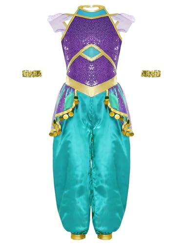 Loodgao Mädchen Bauchtanz Jumpsuit Overall mit Metallic Armbändern Pailletten Satin Hosenanzug mit Rüschen Arabische Prinzessin Tanzkostüm Violett 158-164 Loodgao Mädchen Bauchtanz Jumpsuit Overall mit Metallic Armbändern Pailletten Satin Hosenanzug mit Rüschen Arabische Prinzessin Tanzkostüm Violett 158-164 von Loodgao
