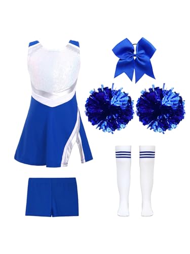 Loodgao Mädchen Cheeleading Kostüm Pailletten Kleid mit Pompons Sport Streifen College Strümpfe Sportsocken + Shorts + Bowknot Haargummi Halloween Outfits A Königsblau 158-164 von Loodgao