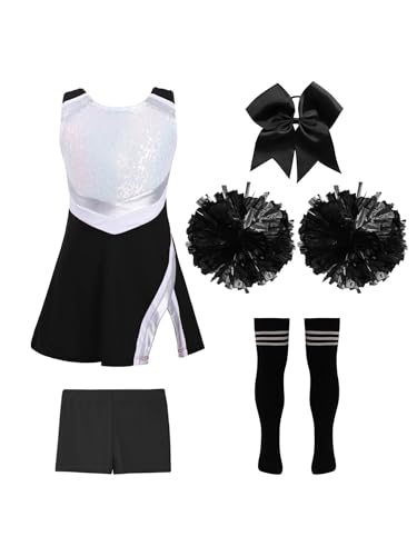 Loodgao Mädchen Cheeleading Kostüm Pailletten Kleid mit Pompons Sport Streifen College Strümpfe Sportsocken + Shorts + Bowknot Haargummi Halloween Outfits A Schwarz-Weiß 146-152 von Loodgao