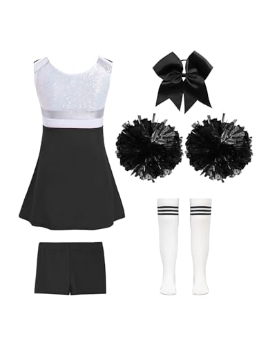 Loodgao Mädchen Cheeleading Kostüm Pailletten Kleid mit Pompons Sport Streifen College Strümpfe Sportsocken + Shorts + Bowknot Haargummi Halloween Outfits A Weiß&Schwarz 110-116 von Loodgao