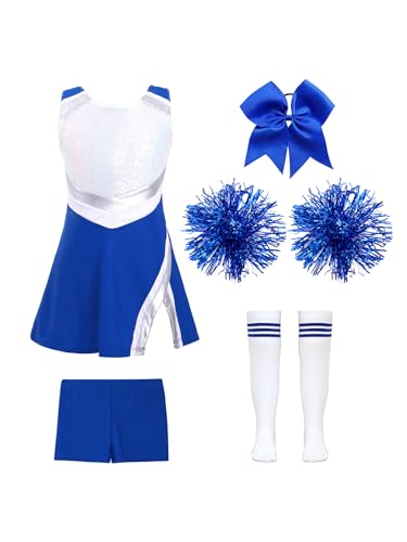 Loodgao Mädchen Cheeleading Kostüm Pailletten Kleid mit Pompons Sport Streifen College Strümpfe Sportsocken + Shorts + Bowknot Haargummi Halloween Outfits B Königsblau 146-152 von Loodgao