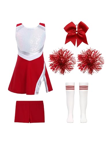 Loodgao Mädchen Cheeleading Kostüm Pailletten Kleid mit Pompons Sport Streifen College Strümpfe Sportsocken + Shorts + Bowknot Haargummi Halloween Outfits B Rot 146-152 von Loodgao