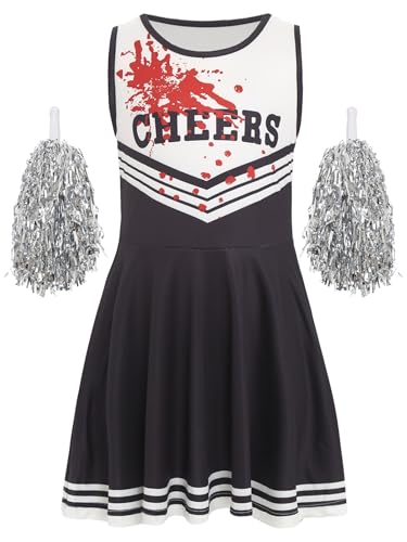 Loodgao Mädchen Cheerleading Kleid Ärmellos Rundhals mit Buchstaben Blut Druck Horror Minikleid mit Glitzer Pompons Halloween Cosplay Outfits Schwarz 158-164 Loodgao Mädchen Cheerleading Kleid Ärmellos Rundhals mit Buchstaben Blut Druck Horror Minikleid mit Glitzer Pompons Halloween Cosplay Outfits Schwarz 158-164 von Loodgao
