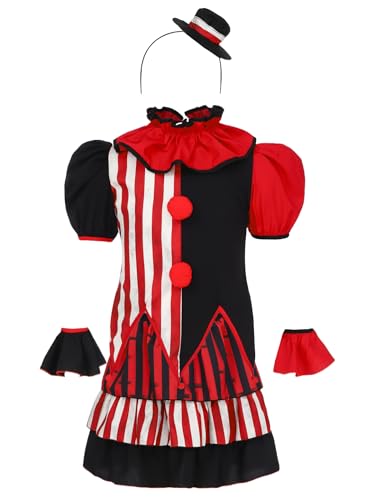 Loodgao Mädchen Clown Kostüm Streifen Shirts Kurzarm Hemd mit Rüschen Kragen + Minirock mit Hut Haarband Armstulpen Party Halloween Cosplay Outfits rot schwarz 146-152 Loodgao Mädchen Clown Kostüm Streifen Shirts Kurzarm Hemd mit Rüschen Kragen + Minirock mit Hut Haarband Armstulpen Party Halloween Cosplay Outfits rot schwarz 146-152 von Loodgao