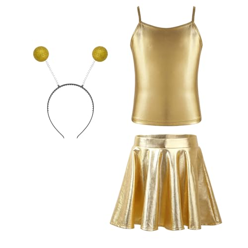 Loodgao Mädchen Glänzend Tank Top Spaghettiträger Unterhemd und Faltenrock Minirock mit Haarreifen Alien Cosplay Kostüm Tanzbekleidung Gold 158-164 von Loodgao