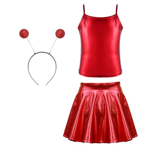 Loodgao Mädchen Glänzend Tank Top Spaghettiträger Unterhemd und Faltenrock Minirock mit Haarreifen Alien Cosplay Kostüm Tanzbekleidung Rot 146-152 von Loodgao