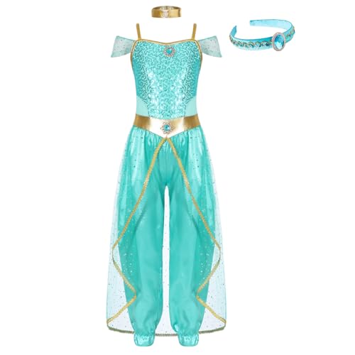 Loodgao Mädchen Indische Prinzessin Jumpsuit Glänzend Pailletten Overall mit Weite Hose Stirnband Bauchtanz Kleidung Dancewear Hellgrün 158-164 von Loodgao