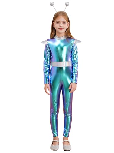 Loodgao Mädchen Weltraum Alien Bodysuit Langarm Ganzkörper Body mit Haarreif Glänzend Roboter Street Dance Weltkampf Outfits Blau 146-152 von Loodgao