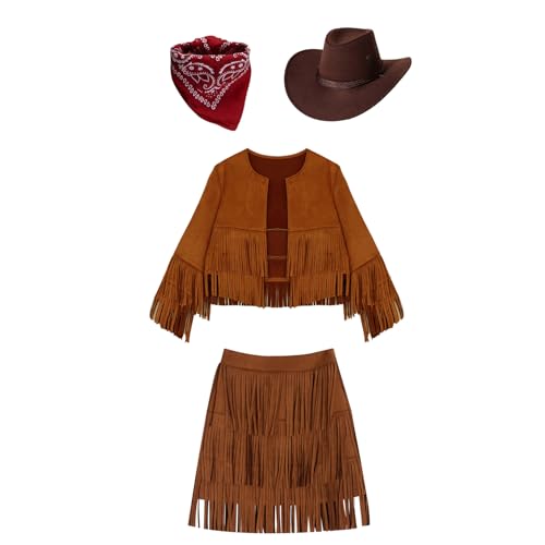 Loodgao Mädchen Western Cowgirl Kostüm Vintage Retro Fransen Top Shirts und Quaste Rock mit Cowboyhut Bandage Halstuch Cosplay Outfits Braun 146-152 Loodgao Mädchen Western Cowgirl Kostüm Vintage Retro Fransen Top Shirts und Quaste Rock mit Cowboyhut Bandage Halstuch Cosplay Outfits Braun 146-152 von Loodgao