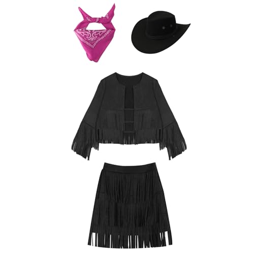 Loodgao Mädchen Western Cowgirl Kostüm Vintage Retro Fransen Top Shirts und Quaste Rock mit Cowboyhut Bandage Halstuch Cosplay Outfits Schwarz 146-152 Loodgao Mädchen Western Cowgirl Kostüm Vintage Retro Fransen Top Shirts und Quaste Rock mit Cowboyhut Bandage Halstuch Cosplay Outfits Schwarz 146-152 von Loodgao