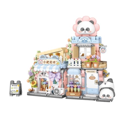 LootPop Panda Blumenladen Baustein-Set, Mini chinesische Straßenansicht Panda-basiertes Baustein-Set, mit Pandas, Katzen und Blumen, Hübsches Ostergeschenk für Mädchen und Jungen (810 Stück) von LootPop