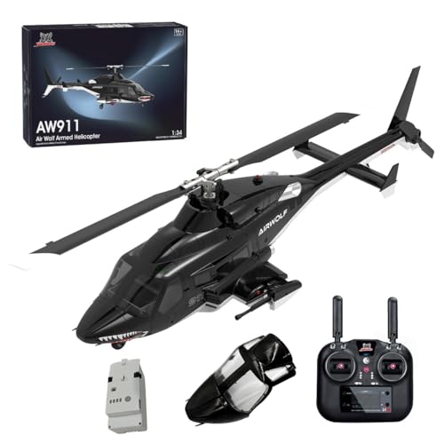 LootPop WOLFBUSH AW-911 Airwolf 1/34 Maßstab 2,4G 9CH FlybarlessPlane-Modell mit 6G/3D-Stunt-Modus und GPS-Positionierung, Geschenk für Erwachsene, 1 * Batterie + 1 * Flugzeugkopf-Version von LootPop