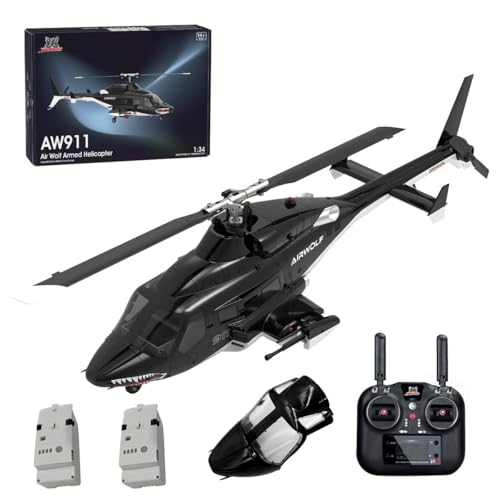 LootPop WOLFBUSH AW-911 Airwolf 1/34 Maßstab 2,4G 9CH FlybarlessPlane-Modell mit 6G/3D-Stunt-Modus und GPS-Positionierung, Geschenk für Erwachsene, 2 * Batterie + 1 * Flugzeugkopf-Version von LootPop
