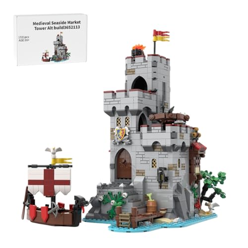 Mittelalterliches Dorf Bausatz, DIY Küstenmarkt Architekturmodell – Dorfmarkt mit Boot, Waffen und Inneneinrichtung, Erweiterbar mit Anderen Mittelalter-Modellen (1321 Teile) von LootPop
