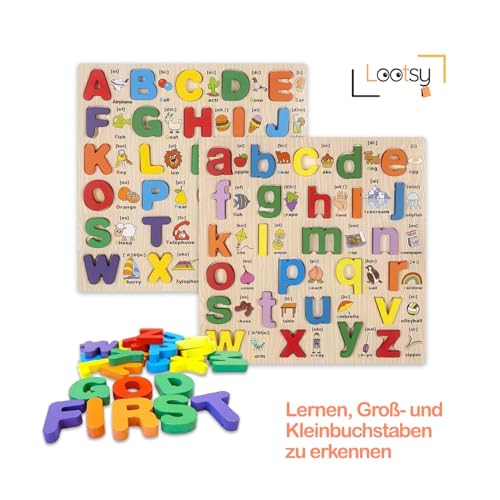 Lootsy Englisches Alphabet Buchstaben Holz für Kinder Buntes Lernspielzeug zum Lernen von Buchstaben und Wörtern Sicheres Naturholz Entwickelt die Feinmotorik Lerngeschenk für Kinder ab 3 Jahre von Lootsy