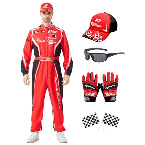 Lopbraa Rennfahrer-Kostüm für Herren mit Hut, komplettes Set, Renn-Overall, Racer-Outfits mit Handschuhen, Flagge und Sonnenbrille für Erwachsene (rot) von Lopbraa