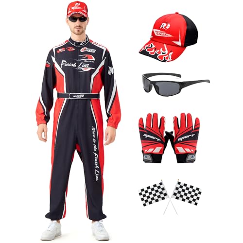 Lopbraa Rennfahrer-Kostüm für Herren mit Hut, komplettes Set, Renn-Overall, Racer-Outfits mit Handschuhen, Flagge und Sonnenbrille für Erwachsene (schwarz) von Lopbraa