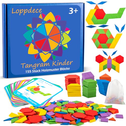 Loppdece 155 Stück Tangram Puzzle Spielzeug, Geometrische Formen Holzpuzzles für Kinder, Montessori Spielzeug Mit 24 Designkarten für Mädchen Jungen Ab 3 Jahr von Loppdece