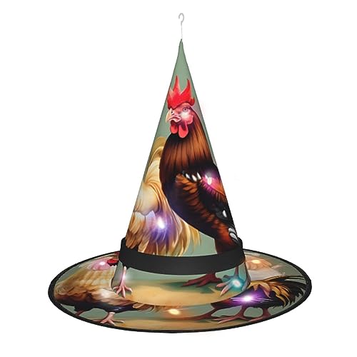 Hexenhut mit Hahn- und Huhn-Druck, Halloween-Hexenhüte mit LED-Licht, Cosplay-Party-Dekoration von Loppott