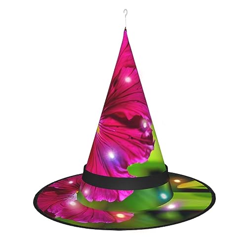 Hexenhut mit Hibiskusblumen-Druck, Halloween-Hexenhüte mit LED-Licht, Cosplay-Party-Dekoration von Loppott