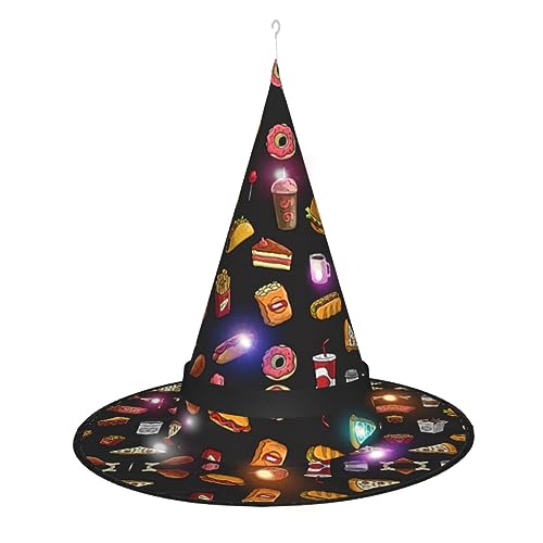 Hexenhut mit Hühnerbein-Burger-Getränke, Halloween-Hexenhut mit LED-Licht, Cosplay, Party-Dekoration von Loppott