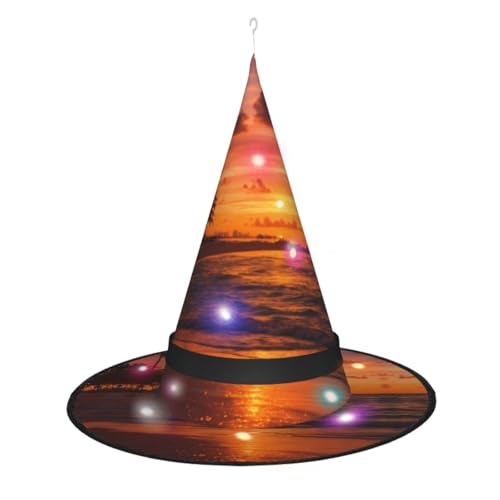 Hexenhut mit Kokosnuss-Strand-Sonnenuntergang, Hängematten-Druck, Halloween-Hexenhüte mit LED-Licht, Cosplay-Party-Dekoration von Loppott