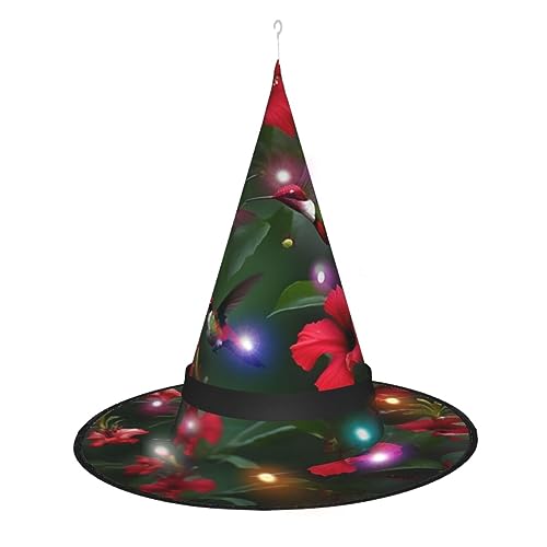 Hexenhut mit Kolibris, rote Blume, Hibiskus, Halloween-Hexenhut mit LED-Licht, Cosplay, Party-Dekoration von Loppott