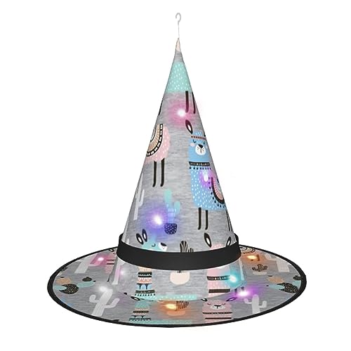 Hexenhut mit Lama-Kaktus-Druck, Halloween-Hexenhüte mit LED-Licht, Cosplay, Party-Dekoration von Loppott