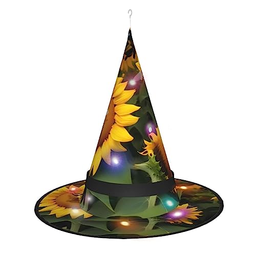 Hexenhut mit Sonnenblumen-Motiv, Halloween-Hexenhut mit LED-Licht, Cosplay, Party-Dekoration von Loppott