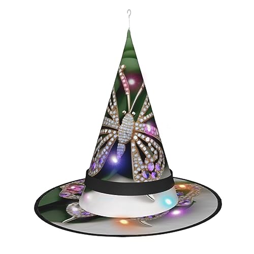 Hexenhut mit Strass-Schmetterling-Druck, Halloween-Hexenhüte mit LED-Licht, Cosplay-Party-Dekoration von Loppott