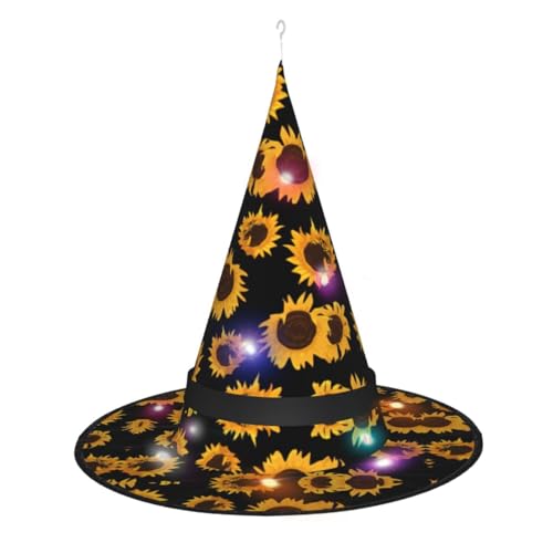 Hexenhut mit goldenem Sonnenblumen-Druck, Halloween-Hexenhüte mit LED-Licht, Cosplay-Party-Dekoration Hexenhut mit goldenem Sonnenblumen-Druck, Halloween-Hexenhüte mit LED-Licht, Cosplay-Party-Dekoration von Loppott