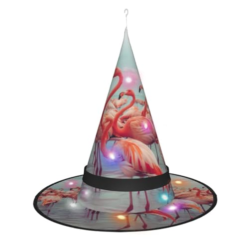 Hexenhut mit roten Flamingos am Strand, Halloween-Hexenhüte mit LED-Licht, Cosplay-Party-Dekoration von Loppott