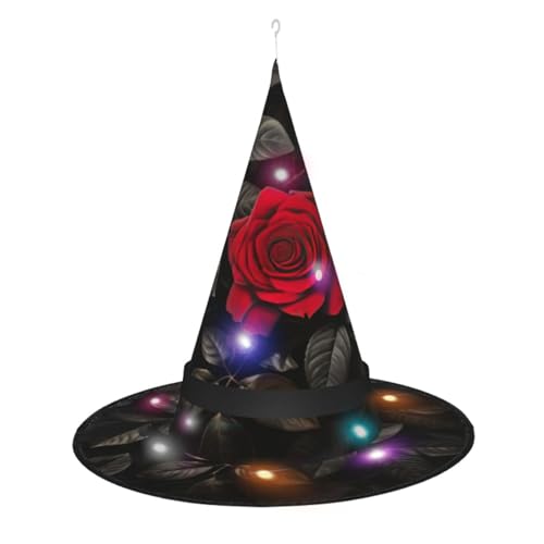 Hexenhut mit roten Rosen und schwarzen Blättern, Halloween-Hexenhüte mit LED-Licht, Cosplay-Party-Dekoration von Loppott