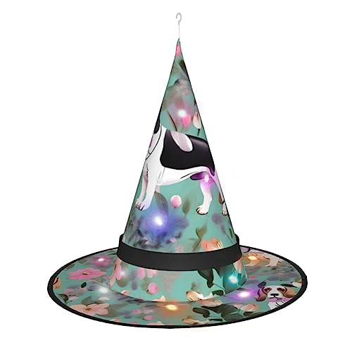 Hexenhut mit süßem Basset Hound mit Blumenmuster, Halloween-Hexenhüte mit LED-Licht, Cosplay-Party-Dekoration von Loppott