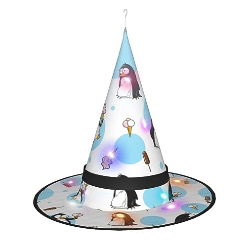 Hexenhut mit süßem Pinguin-Druck, Halloween-Hexenhüte mit LED-Licht, Cosplay-Party-Dekoration von Loppott