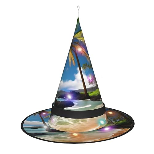 Hexenhut mit tropischer Palme, Hawaii-Stranddruck, Halloween-Hexenhut mit LED-Licht, Cosplay, Party-Dekoration von Loppott