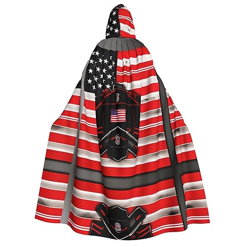 Loppott Red Line Kapuzenumhang für Erwachsene, Feuerwehrmann, USA-Flagge, Halloween, Weihnachtsfeiern, Cosplay-Kostüm, Kapuze, Karnevalsumhang von Loppott