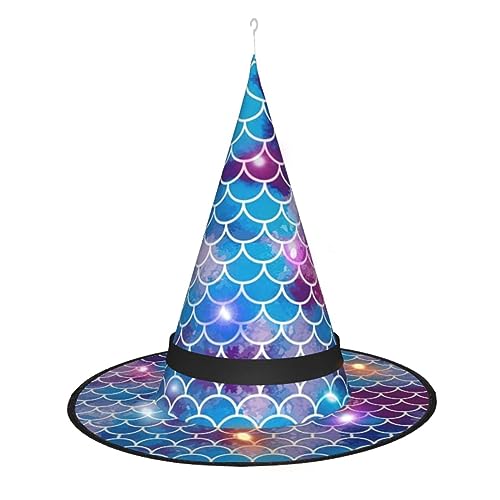 Meerjungfrau-Hexenhut mit Fischschuppen-Druck, Halloween-Hexenhüte mit LED-Licht, Cosplay-Party-Dekoration von Loppott
