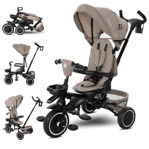 Lorelli Dreirad Freccia ab 1 Jahr mit Schubstange, Sicherheitsgurt, 360 drehbar, Tricycle, Verstellbarer Elterngriff, Freilaufrad Funktion, Getränkehalter, Spielzeugkorb, Beige von Lorelli