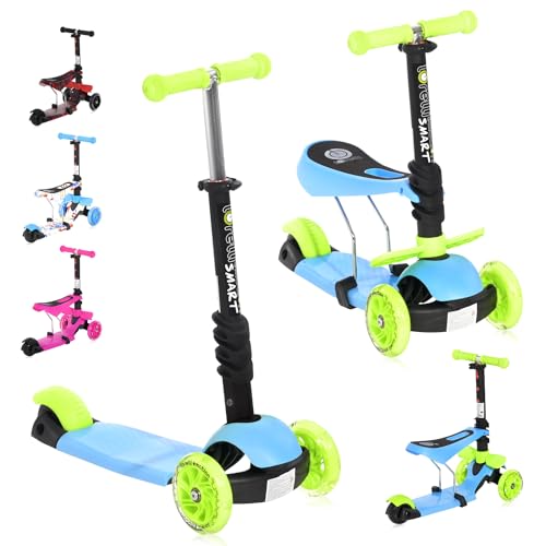 Lorelli Kinderroller ab 3 Jahre mit Sitz, Scooter Kinder Roller Smart faltbar, Kinderscooter, Dreiradscooter, blinkende PU Räder, einstellbare Lenkerhöhe, Faltbarer Lenker, leicht und stabil, grün von Lorelli