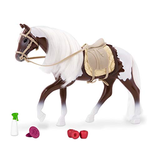 Lori Pferd Schecke – Puppenzubehör für 15 cm Mini Puppen mit Zaumzeug, Sattel, Reitzubehör – braun-weiße Stute, Spielzeug für Kinder ab 3 Jahre von Lori